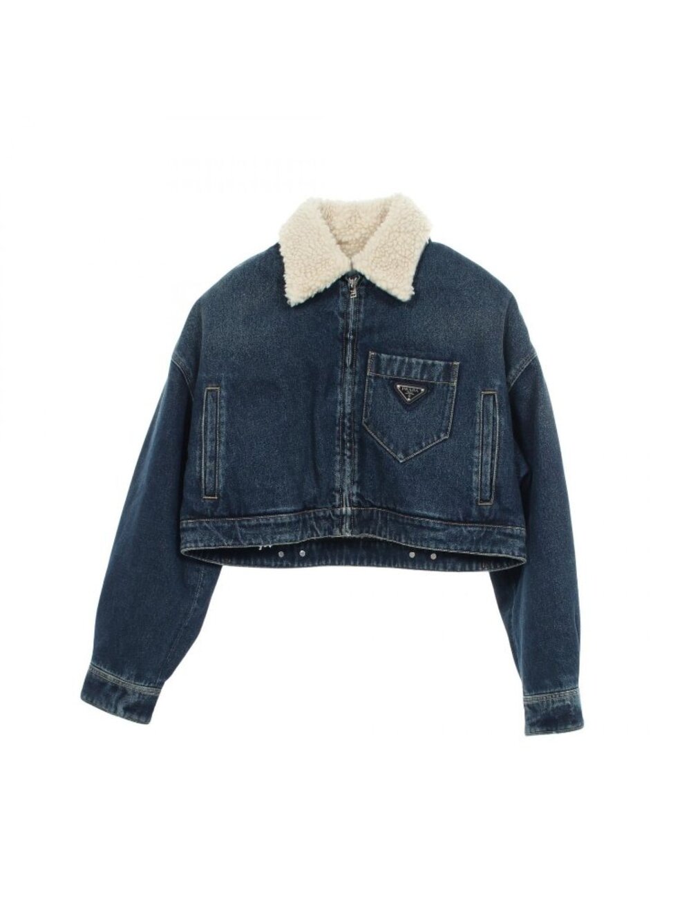 Prada Denim Jacket Triangle Plate Distressed Cropped Cotton